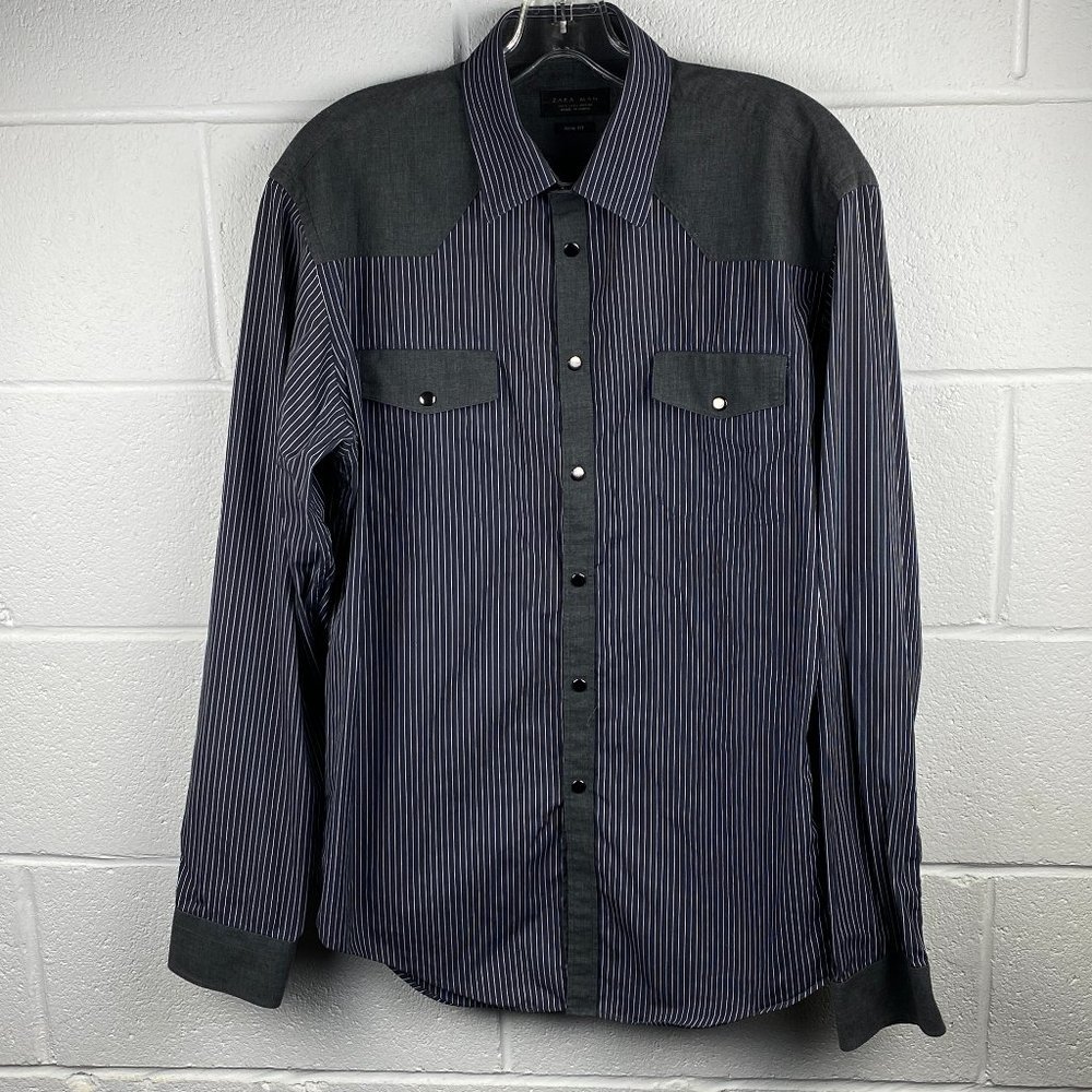 ZARA Man Western Pearl Snap Shirt Slim Fit Striped Black White Large‎